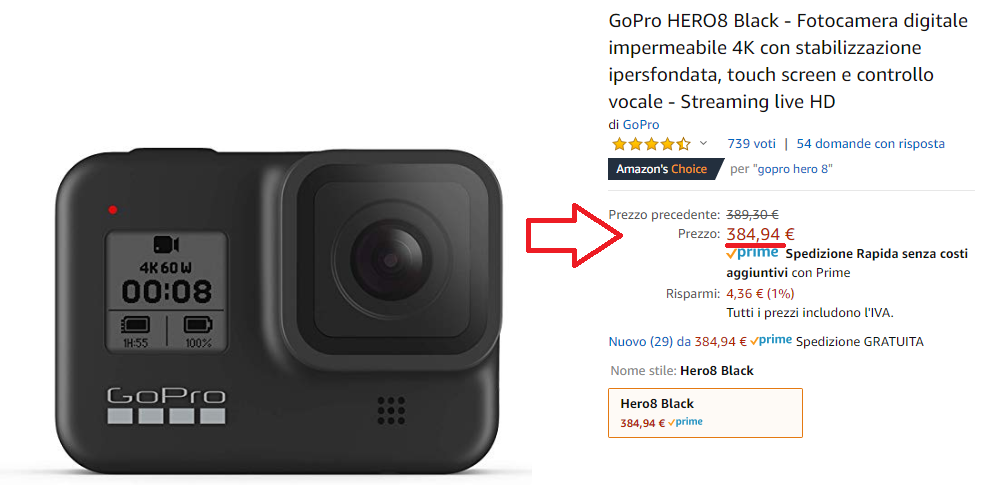 Prezzo acquisto GoPro Hero 8 Black su amazon.it